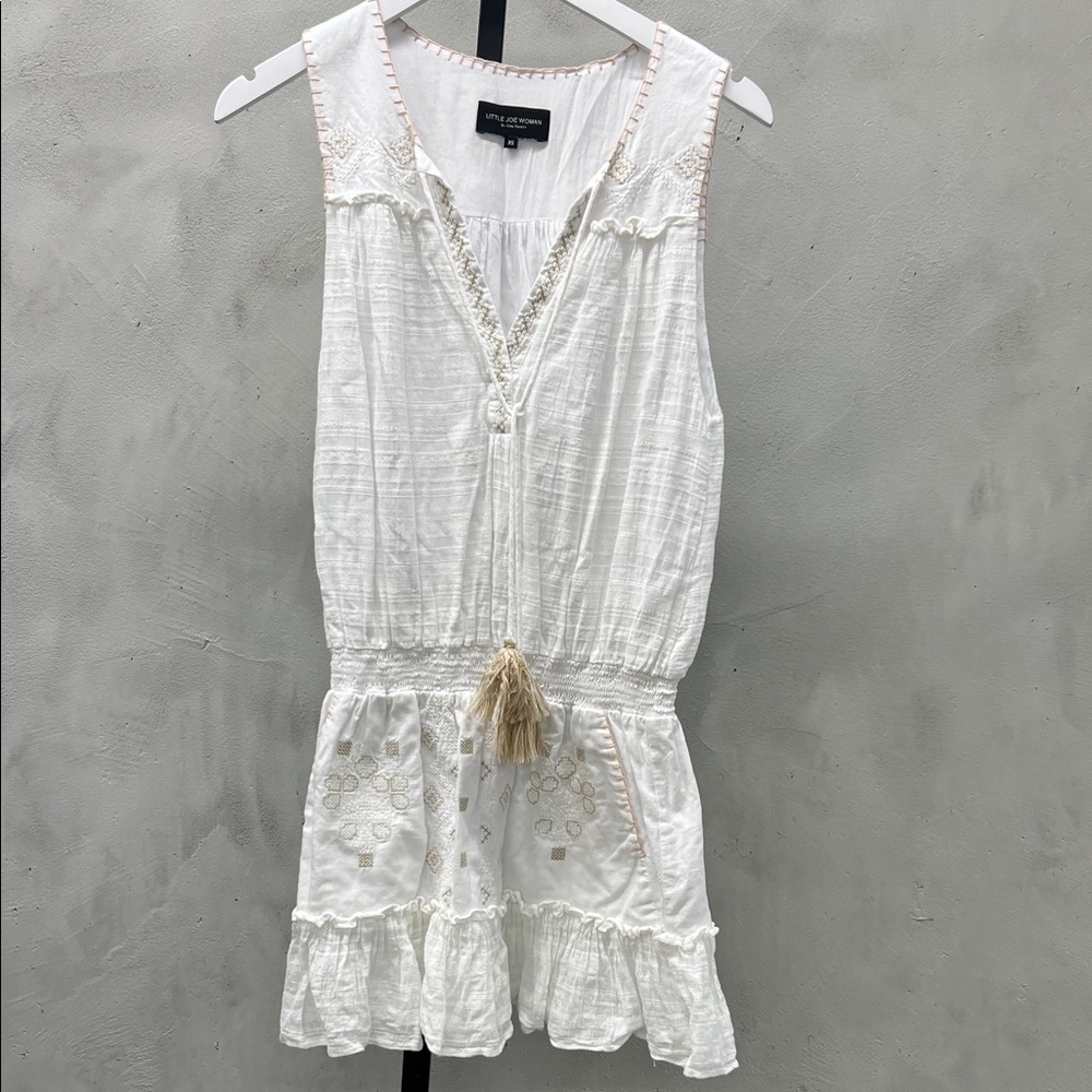 Little Joe White Sleeveless Dress with Emboidery and Tassel Detail